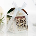 Detail of silver laser-cut wedding favor box with intricate floral hollow pattern - Reflective Silver