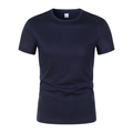 Detail of navy blue sports mesh fabric texture and round neck collar with size label - S / Navy Blue