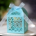 European laser-cut hollow blue wedding candy gift box with elegant ribbon and bow - Turquoise Blue