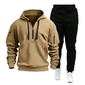 Completo sportivo da uomo con felpa con cappuccio a mezza zip e pantaloni cargo tattici neri - S / Cammello