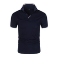 Navy blue short sleeve polo shirt with white ribbed collar and thin red stripe details - Navy Blue