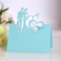 Laser cut light blue place card featuring wedding silhouette and Mr & Mrs heart - Light Blue Zircon