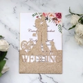 Invitation mariage découpée au laser à paillettes dorées avec silhouette Mr & Mrs et fleurs - Or rose