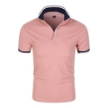 Slim fit pink men's polo shirt with contrast navy stripes on collar and sleeves - Pink