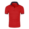 Red men's short-sleeve polo shirt with blue and white striped trim on collar and cuffs - M / Red