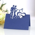 Navy blue laser-cut Mr & Mrs wedding place card featuring heart and ring motifs - Sapphire Blue
