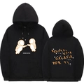 Black astronaut print hoodie with Donde Estas graphic and kangaroo pocket in casual style - S / Black