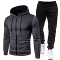 Men's two-piece fleece tracksuit featuring a grey hooded zipper jacket and black joggers - S / Gray