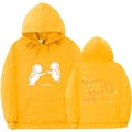 Detail of yellow hoodie featuring white astronaut prints and Spanish galaxy quote text - S / Yellow
