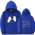 Détails du sweat à capuche bleu avec motifs d'astronaute et texte espagnol au dos - S / Bleu