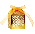 Boîte à bonbons de mariage dorée découpée au laser avec motifs de cœur et ruban orange - Or Réfléchissant
