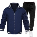 Detail view of navy stand-up collar jacket with striped ribbing and black sports trousers - S / Top And Bottom / Navy Blue Top and Black Shorts