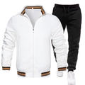 Detailed view of white tracksuit jacket with striped cuffs and matching black joggers - S / Top And Bottom / White Top and Black Shorts
