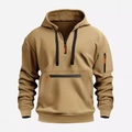 Felpa con cappuccio uomo color kaki con tasche multiple e mezza cerniera zip - M / Cammello