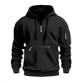 Detail of black hoodie featuring neon yellow zipper pulls and utility chest pockets - M / Black