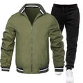 Detail of olive green bomber jacket with striped cuffs and black joggers set - S / Top And Bottom / Army Green And Black