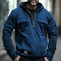 Men's navy blue hooded utility sweatshirt with half-zip and multiple cargo pockets - 3XL / Tops / Dark Blue