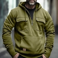 Army green men's hooded cargo sweatshirt with half-zip and tactical pockets - Army Green