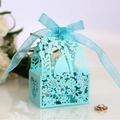 Elegant light blue laser cut wedding candy box with silhouette and ribbon bow - Tiffany Blue