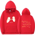 Red hoodie with double astronauts print and Spanish text on front and back view - S / Red
