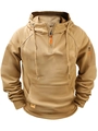 Tactical khaki hoodie detail featuring arm utility pockets and orange zipper accent - S / Camel