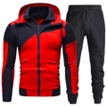 Detail of red and black patchwork sports tracksuit with zip-up hoodie and joggers - S / Top And Bottom / Red And Black