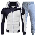 Detail of color-block zip-up hoodie and grey joggers set with drawstring waist - S / Top And Bottom / White And Light Gray