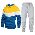 Men's sports tracksuit with yellow and blue color-block hoodie and grey joggers - Yellow/White/Blue Patchwork (Grey Pants)