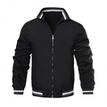 Men's black zip-up bomber jacket with tricolor striped ribbed collar and cuffs - Black