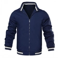 Classic navy blue men's jacket with striped ribbed collar and zipper closure - Navy Blue