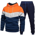 Men's casual sports tracksuit with orange, grey and dark blue color blocking hoodie and pants - S / Orange Gray Navy Patchwork