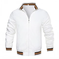 Men's white zip-up jacket with orange and black striped ribbing on a white background - White