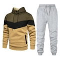 Men's two-piece tracksuit with olive green patchwork hoodie and light gray joggers - Olive/Black/Khaki Patchwork (Grey Pants)