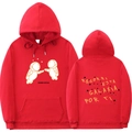 Front and back detail of red hoodie with astronaut prints and Spanish text - S / Red