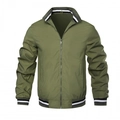 Army green men's bomber jacket with striped ribbed collar and metal zipper closure - Green