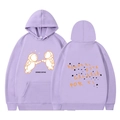 Detailed view of lavender hoodie with cartoon astronauts and Spanish galaxy back print - S / Light Purple