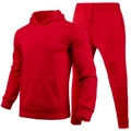 Close-up of bright red fleece hoodie and jogger set showing drawstring and pocket detail - S / Top And Bottom / Red