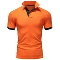 Detail of men's orange short sleeve polo shirt with black contrast collar and button placket - Orange Red