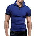 Detail view of royal blue polo shirt featuring black contrast collar and sleeve cuffs - S / Tops / Blue