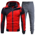 Men's navy and red color block zip hoodie with grey joggers tracksuit set - S / Top And Bottom / Red And Navy Patchwork With Gray Pants Style (7)