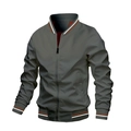 Men's dark gray stand collar baseball jacket with white and orange ribbed cuffs - Gray