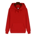Detail of red hoodie drawstring, kangaroo pocket, and size L tag on wooden hanger - Red