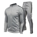 Men's casual grey tracksuit set featuring zip-up stand collar jacket and striped joggers - Light Gray