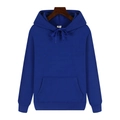 Detail of navy blue heavy fleece hoodie with adjustable drawstring and kangaroo pocket - Blue