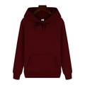 Detail of burgundy hooded sweatshirt featuring white size L neck tag and drawstring - Burgundy