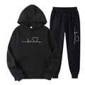Completo sportivo nero con cappuccio e pantaloni con grafica battito cardiaco - Taglia S / Top E Pantaloni / Nero