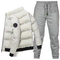 Detail of cream puffer jacket with tiger patch and grey drawstring joggers set - White Jacket With Light Gray Pants
