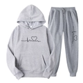 Detail of grey hooded tracksuit set with heart rate pattern and adjustable drawstring - S / Top And Bottom / Light Gray (Black Graphic)