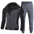Men's two-piece tracksuit featuring grey and black geometric patchwork hooded jacket and pants - Gray Top + Dark Gray Pants