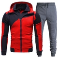Detail of red and black men's hooded sports set with zipper and drawstring pants - Red Top + Dark Gray Pants